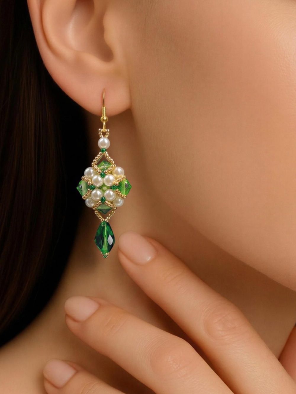 Gold-Tone Green Crystal & Pearl Drop Earrings